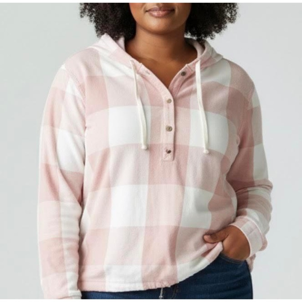 Eddie Bauer Pink Plaid Flannel Hoodie Henley Adjustable Waist Tall L